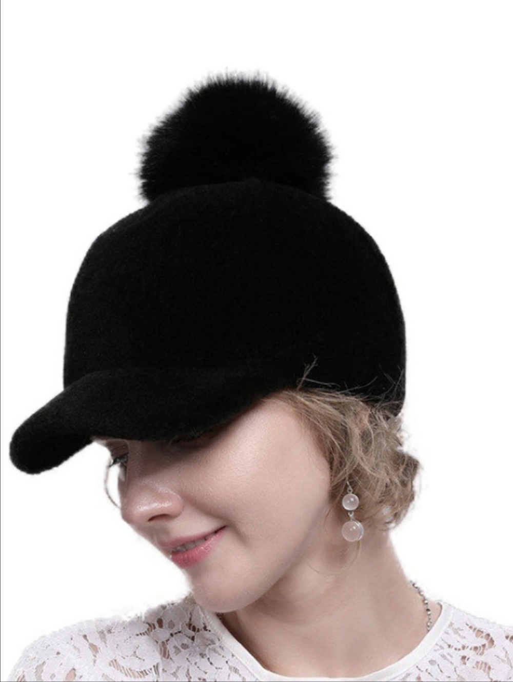 New Shearling Sheep Wool & Fox Fur Pom-Pom Brim Hat Baseball Cap
